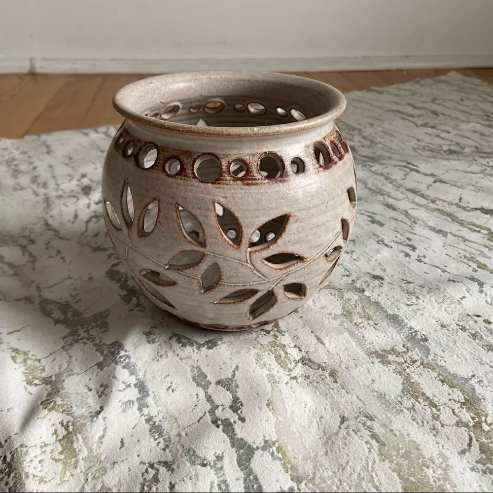 Vintage Hand glazed Pottery Signed Floral Cutout